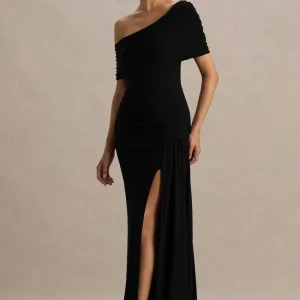 Dynasty | Vestido Largo Negro con Escote Asimétrico, Detalles Fruncidos y Abertura Alta Frontal
