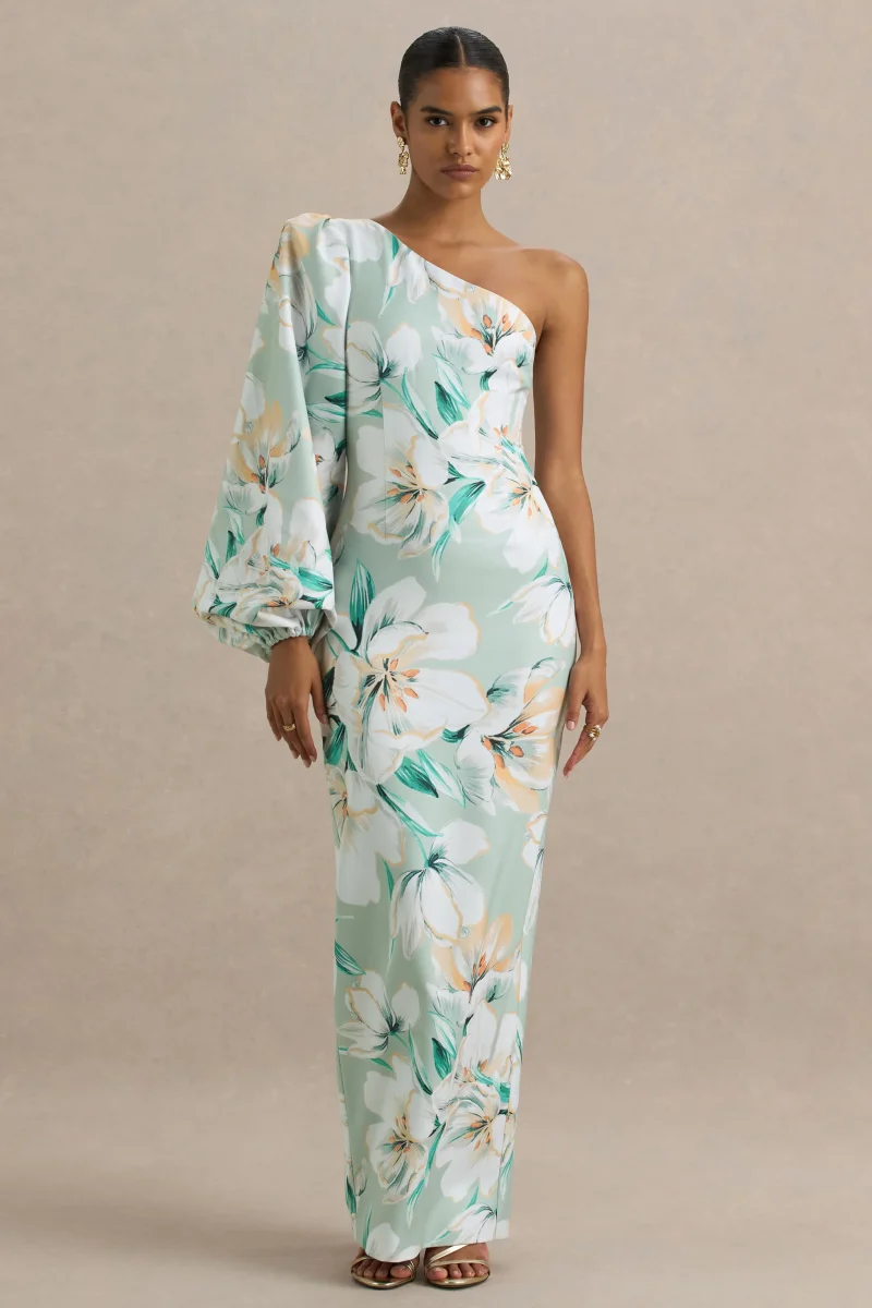 Kellis | Vestido largo Asimétrico con Manga Abullonada en Estampado Floral Verde - Imagen 5