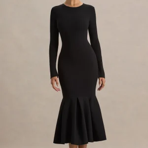 Liberty | Vestido midi negro con mangas largas y bajo con volante