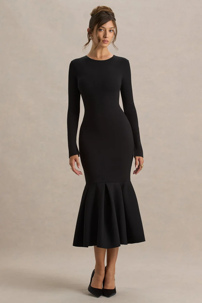 Liberty | Vestido midi negro con mangas largas y bajo con volante