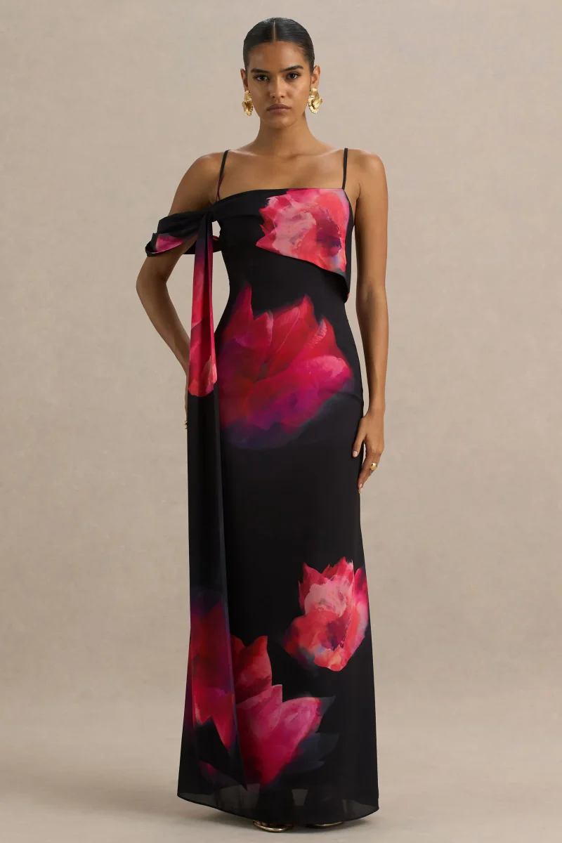 Leonara | Vestido largo con detalle de flor rojizas y una manga drapeada