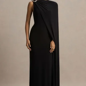 Cressida | Vestido Largo negro con escote asimétrico y manga tipo capa