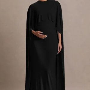 Padma | Vestido Largo Premamá Negro Drapeado con Mangas Capa