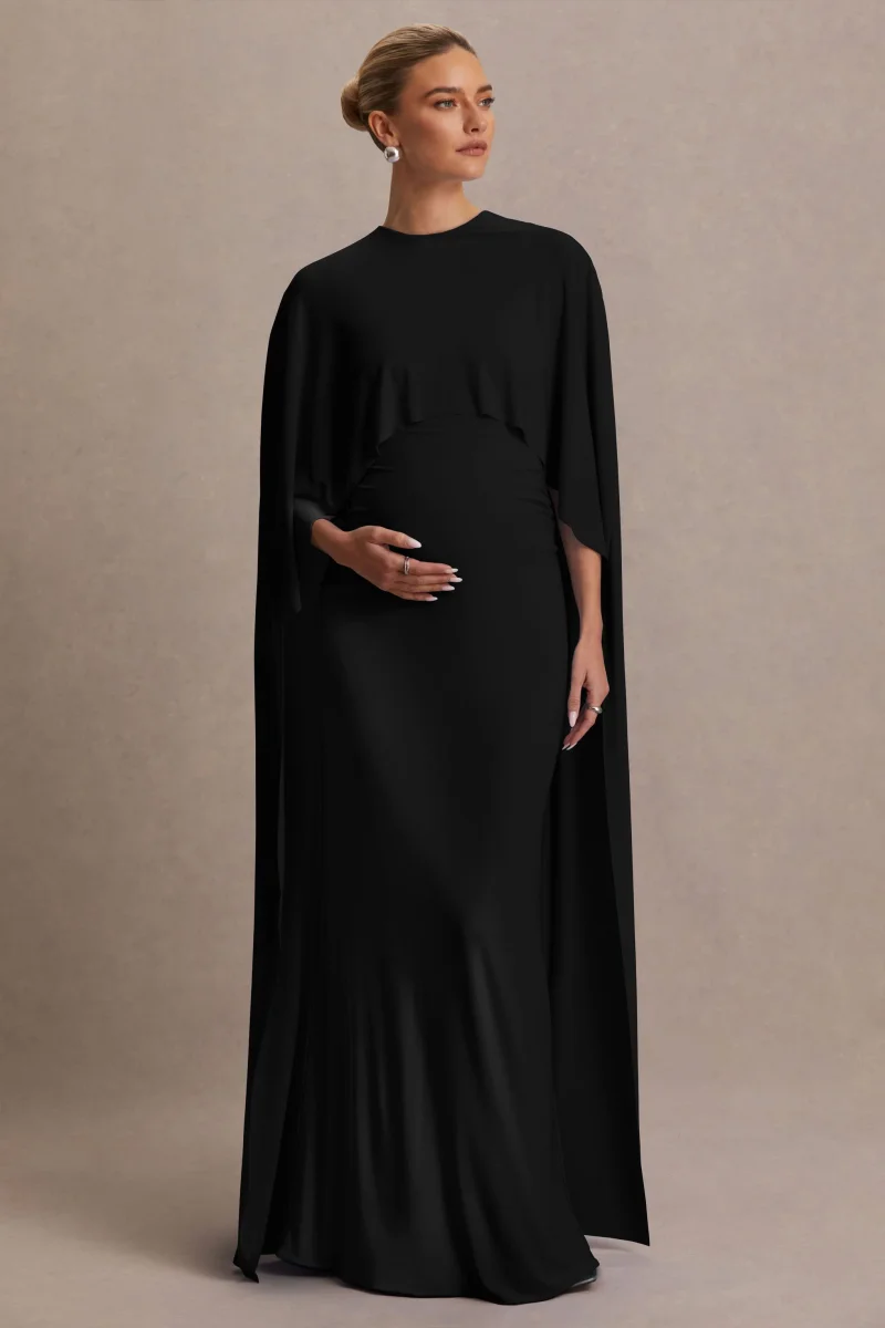 Padma | Vestido Largo Premamá Negro Drapeado con Mangas Capa - Imagen 2