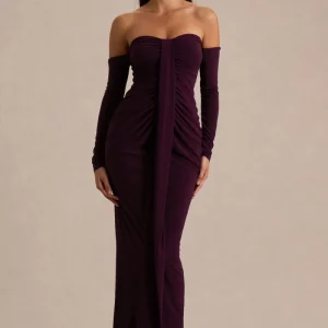 Harper | Vestido Largo Ciruela de Escote Bardot