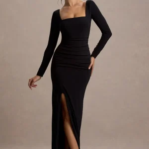 My Pleasure | Vestido Largo Negro con Cuello Cuadrado y Fruncido