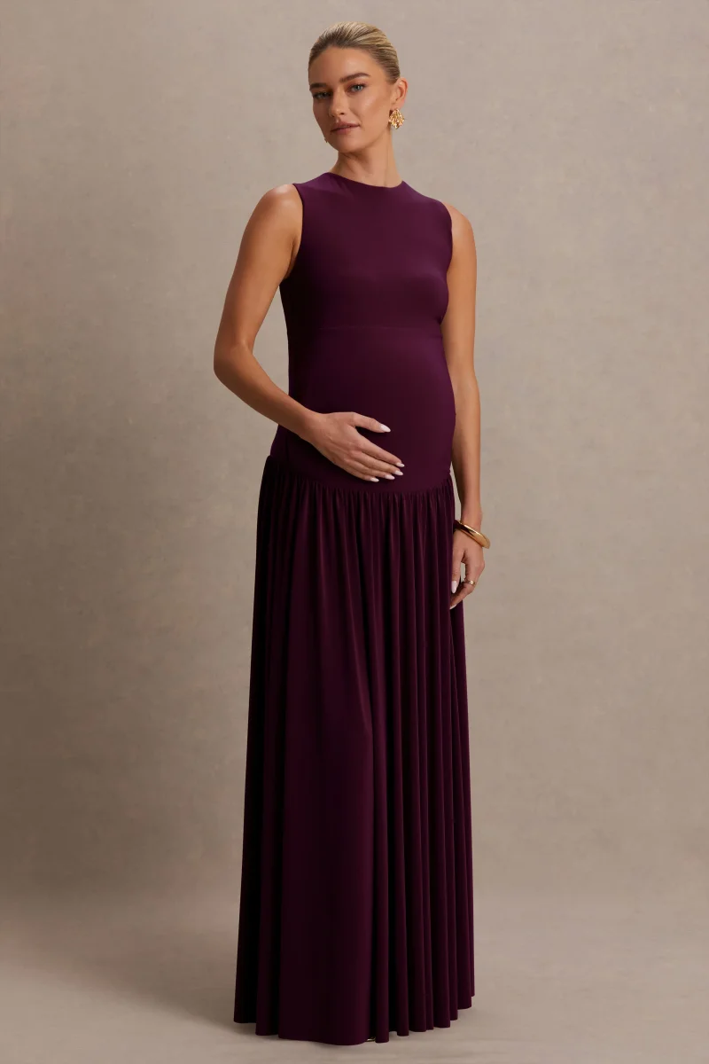 Outline | Vestido Largo Premamá Burdeos de Cuello Alto con Falda Drapeada - Imagen 5