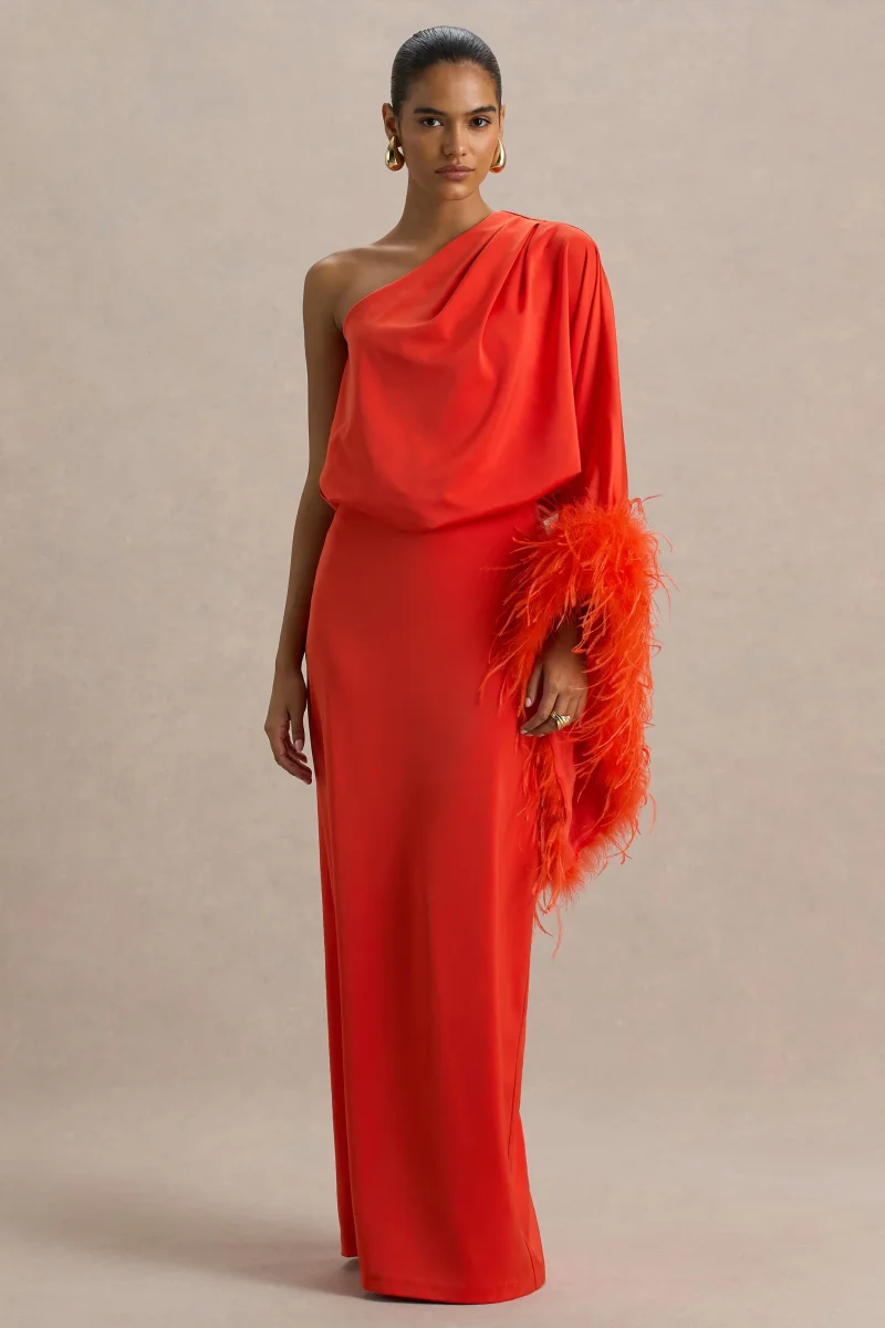 Felicity | Vestido Largo naranja de satén con escote asimétrico con plumas y detalles fruncidos - Imagen 5