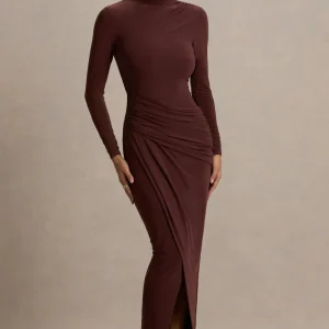 Zephyra | Vestido Largo Marrón Con Escote Alto Cruzado