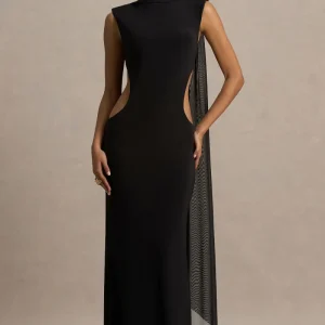 Katara | Vestido Largo Negro de Cuello Alto con Recortes