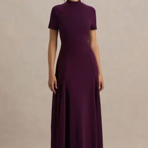 Alea | Vestido largo Burdeos con Escote Alto y Manga Corta