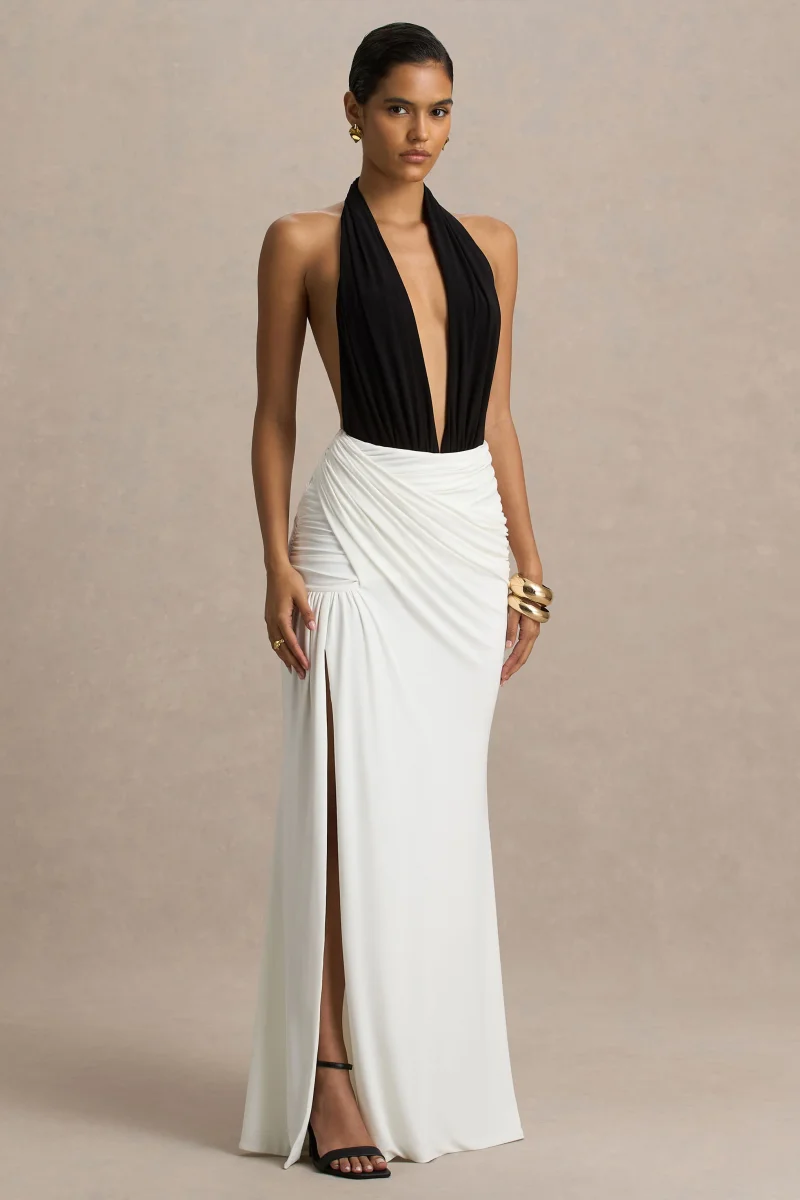 Tilly | Vestido Cruzado Largo Negro Y Blanco Con Escote Profundo Extremo Y Detalles Fruncidos - Imagen 4