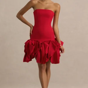 Erica | Vestido rojo corto con escote bandeau y falda globo