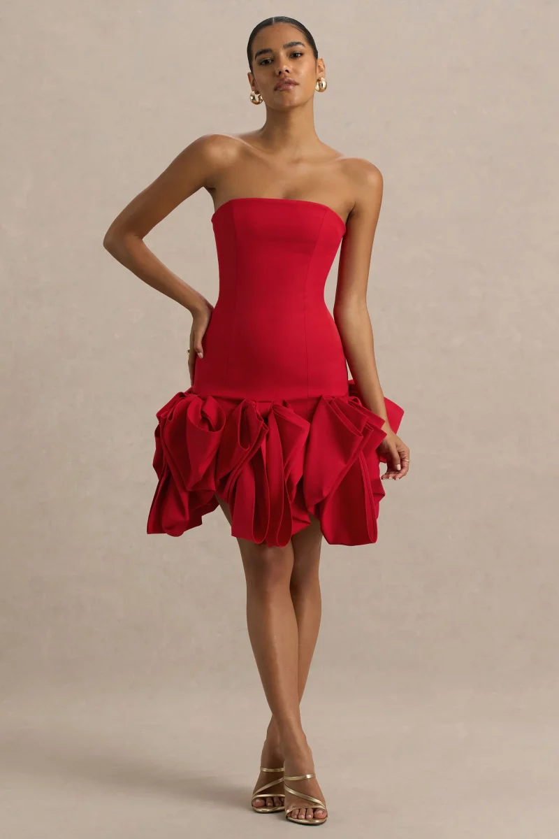 Erica | Vestido rojo corto con escote bandeau y falda globo - Imagen 2