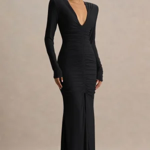 Jewel | Vestido Largo de cuello de pico profundo negro con abertura frontal y detalle fruncido