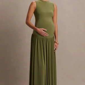 Outline | Vestido premamá largo color oliva con cuello alto y falda drapeada