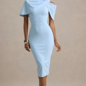 Dorothea | Vestido Midi Drapeado en azul con detalle de Capa