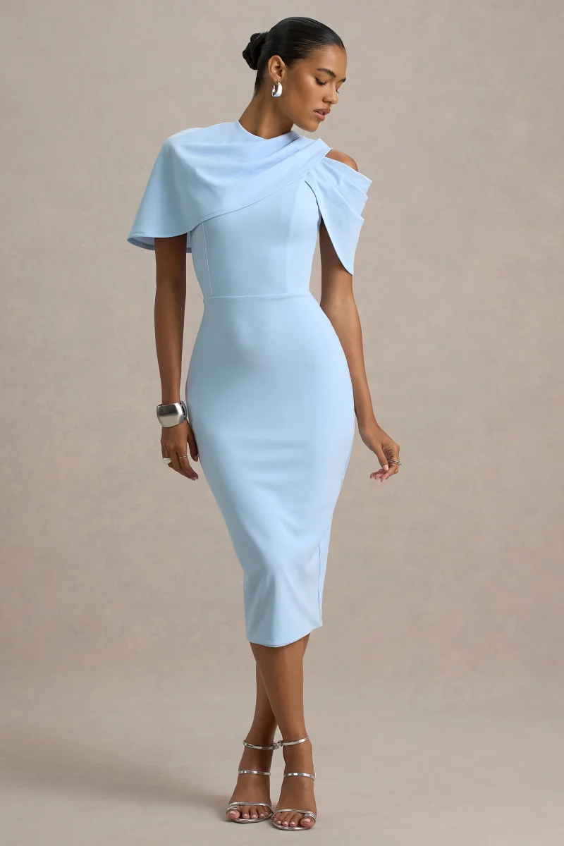 Dorothea | Vestido Midi Drapeado en azul con detalle de Capa - Imagen 2