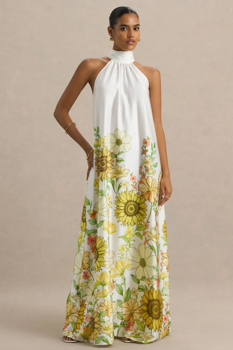Glide | Vestido largo satinado con detalle de cuello con lazo y estampado de girasoles - Imagen 5