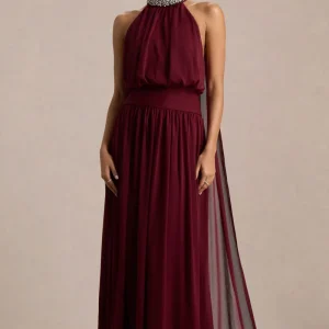 Marie | Vestido largo burdeos con escote halter y detalles adornados