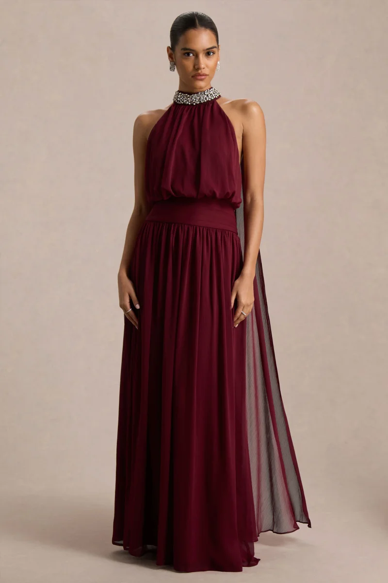 Marie | Vestido largo burdeos con escote halter y detalles adornados - Imagen 2