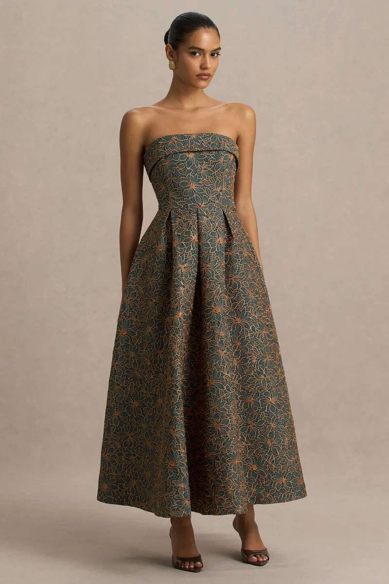 Loretta | Vestido midi bordado en verde oscuro y óxido con escote bandeau - Imagen 5