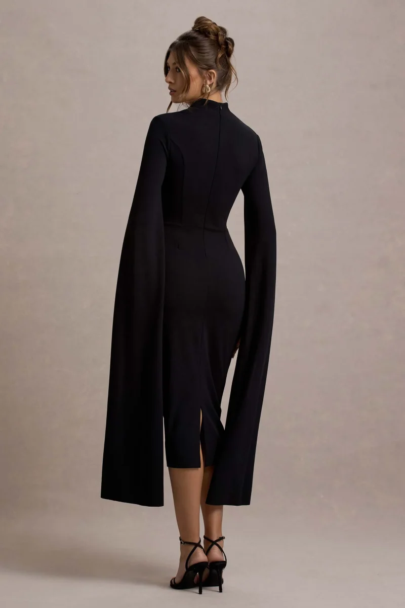 Linden | Vestido midi ajustado al cuerpo con mangas en color negro - Imagen 3