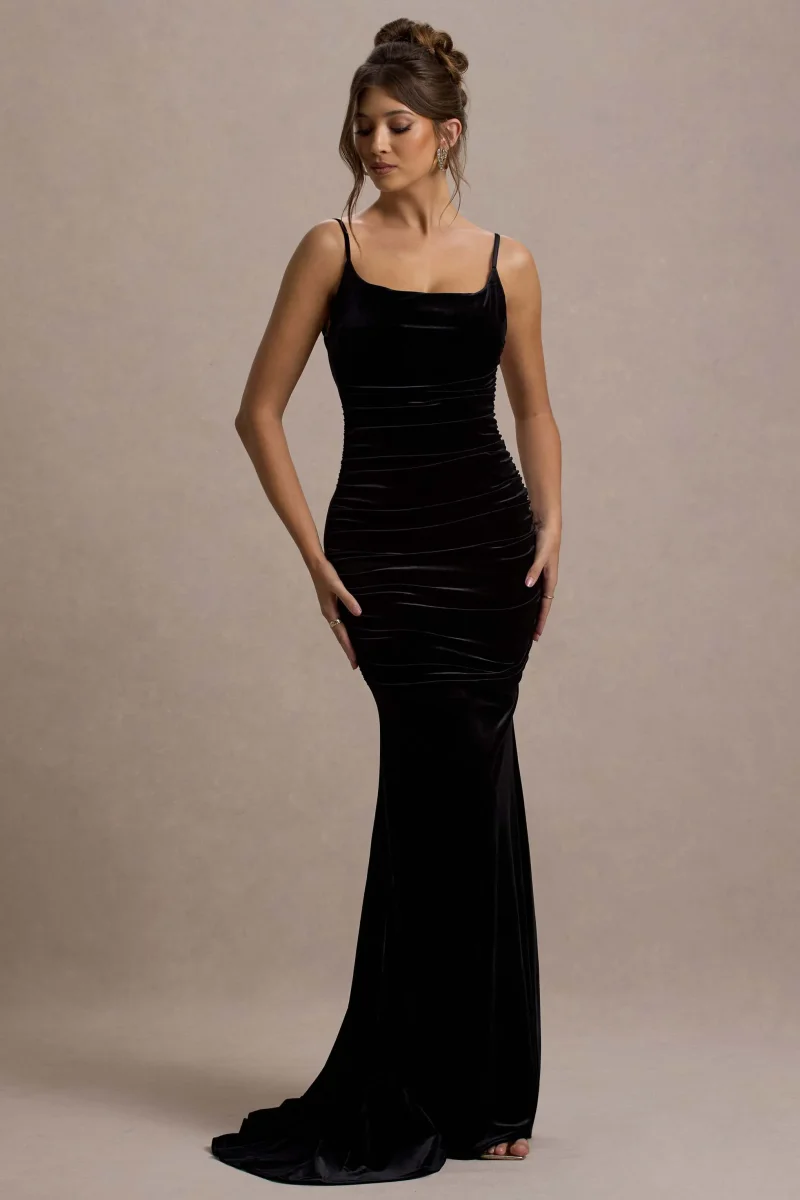 Adele | Vestido Largo Cola de Sirena con Tirantes y Fruncido de Terciopelo Negro - Imagen 3