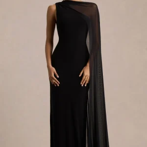Mirelle | Vestido Largo negro con escote asimétrico y manga-capa transparente