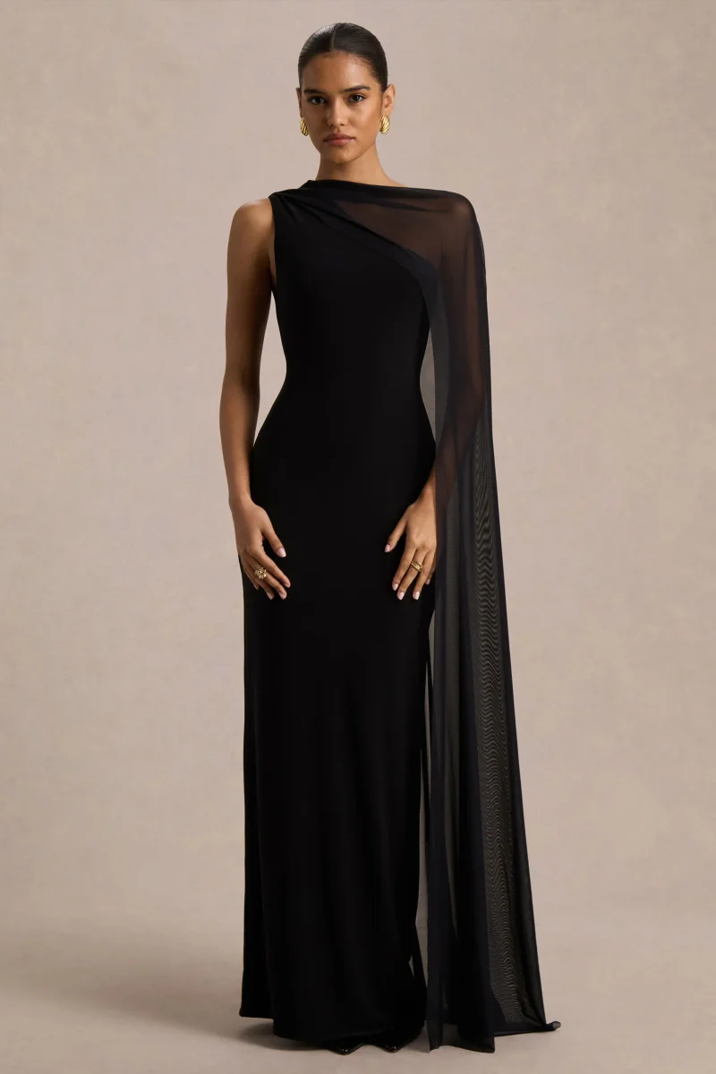 Mirelle | Vestido Largo negro con escote asimétrico y manga-capa transparente