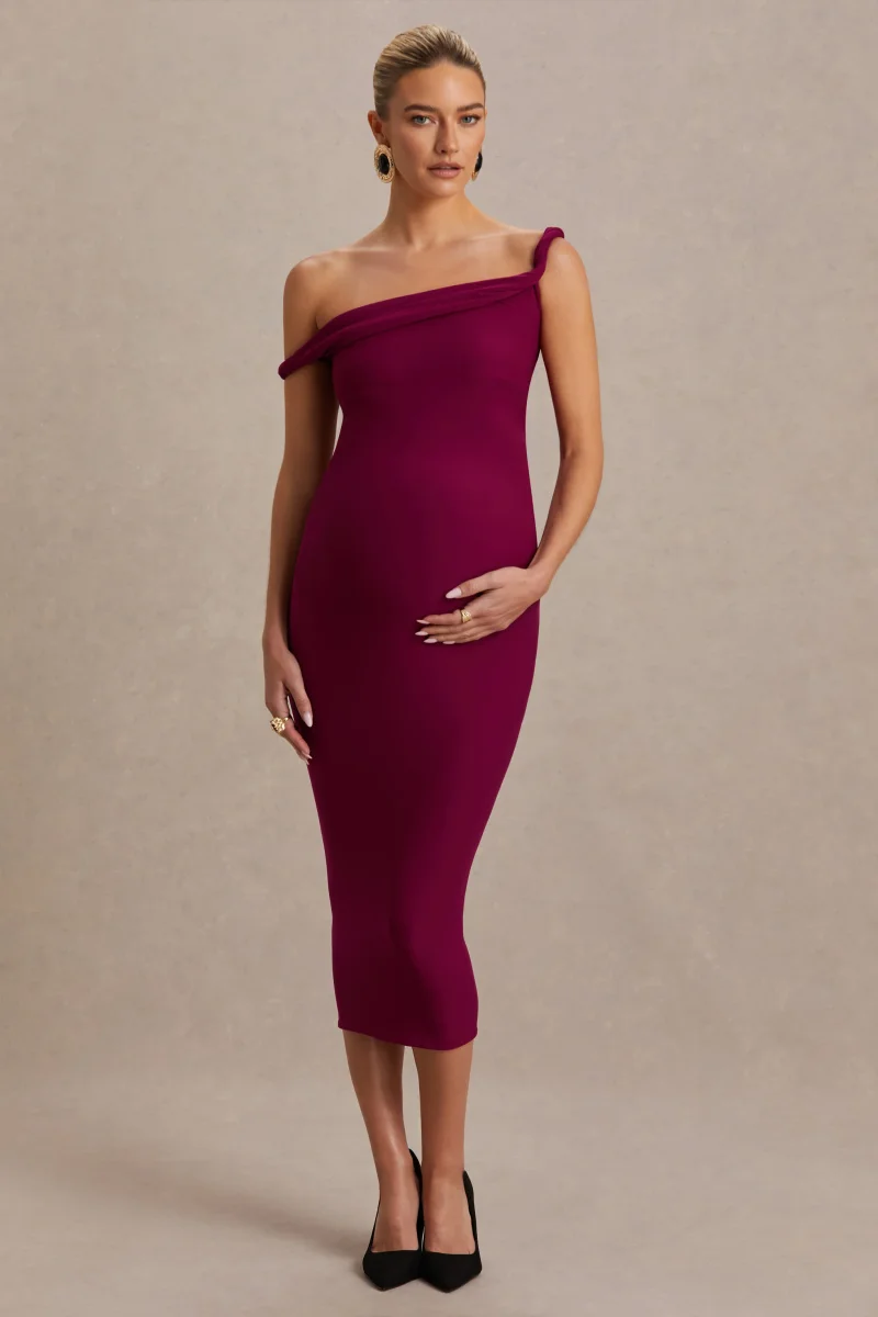Salome | Vestido premamá midi burdeos con escote asimétrico drapeado - Imagen 5