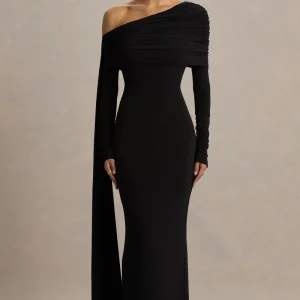 Octavia | Vestido Largo Negro Con Escote Bardot Capa Y Detalles Fruncidos