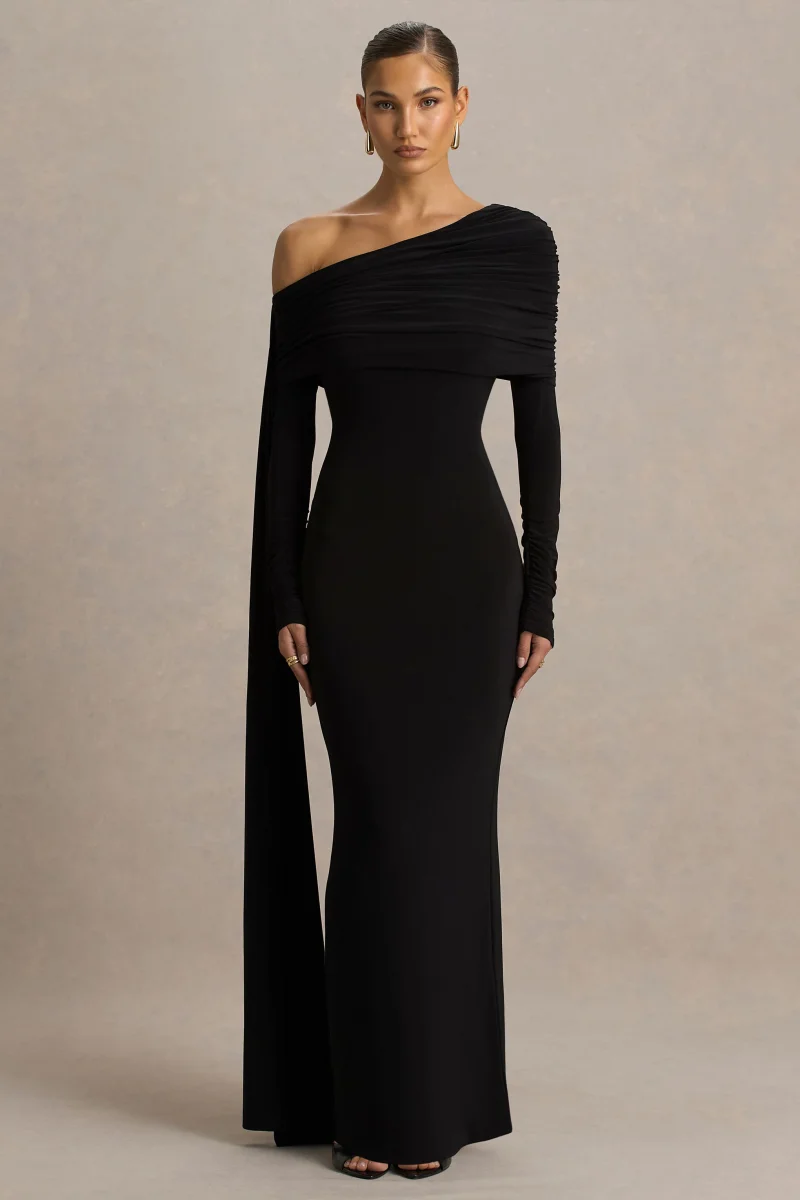 Octavia | Vestido Largo Negro Con Escote Bardot Capa Y Detalles Fruncidos - Imagen 2