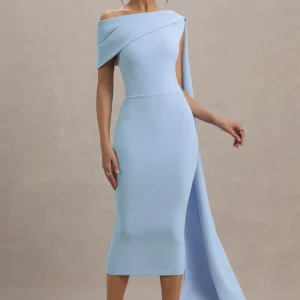 Niamh | Vestido Midi Azul Polvo Asimétrico Con Drapeado