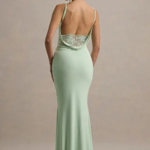 Francoise | Vestido largo Verde Claro con Escote Drapeado y Espalda Descubierta con Encaje