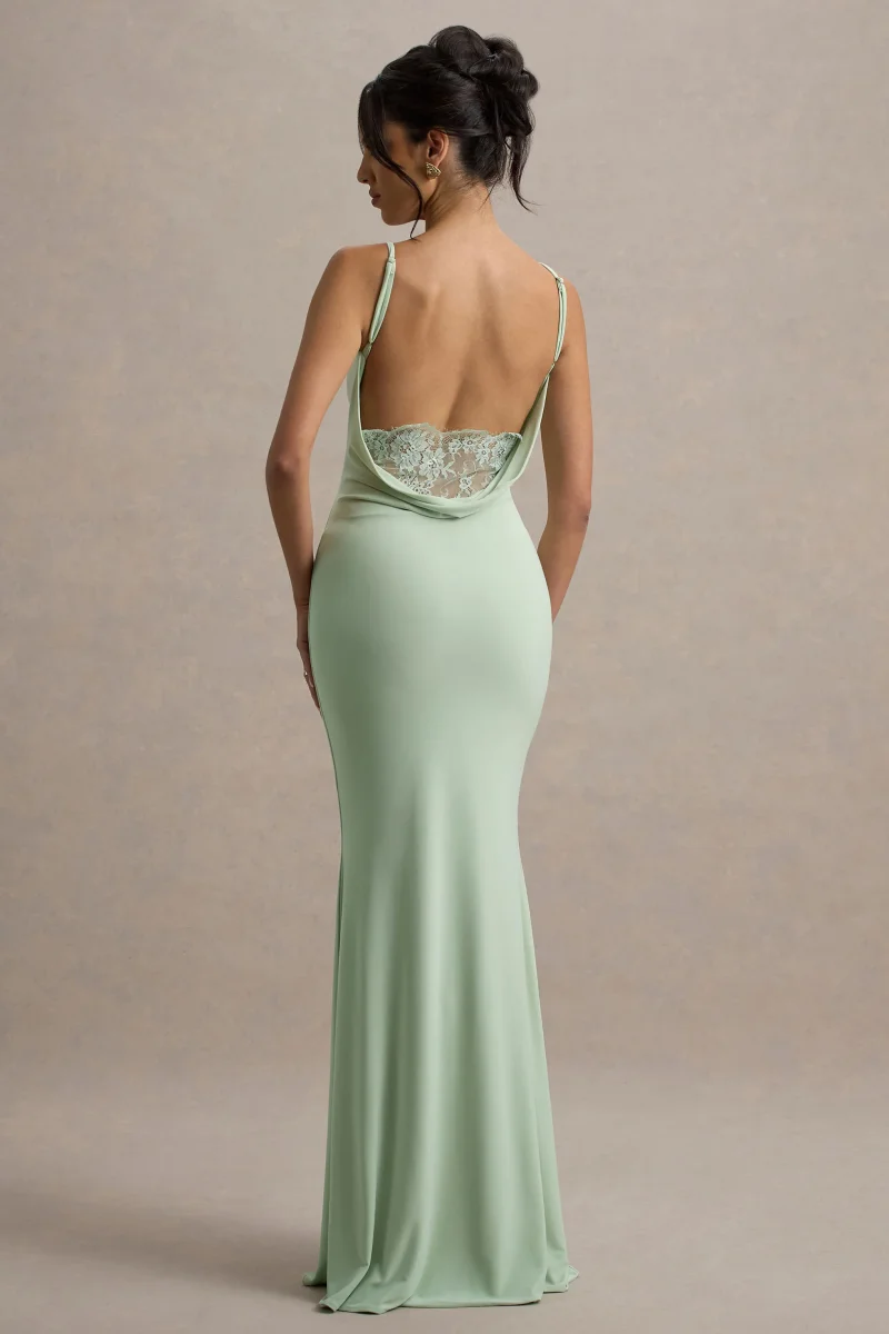Francoise | Vestido largo Verde Claro con Escote Drapeado y Espalda Descubierta con Encaje - Imagen 2