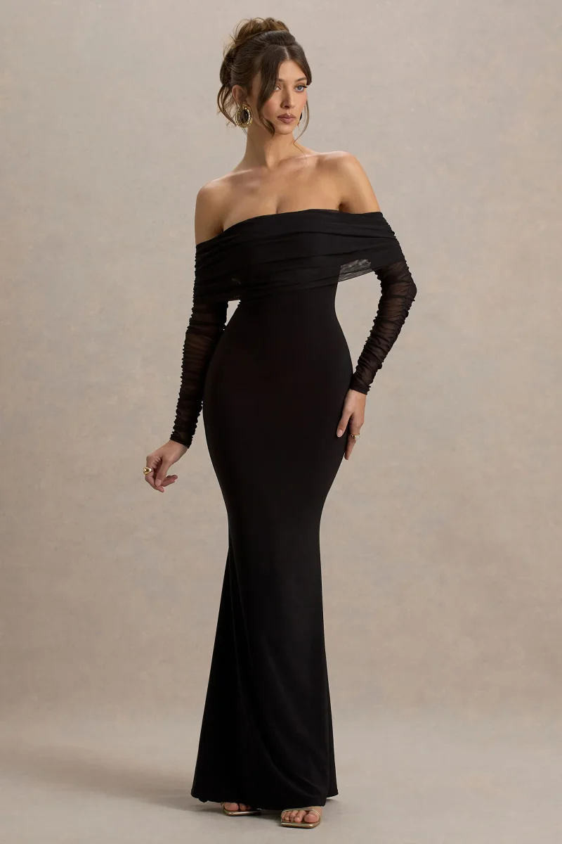 Madeleine | Vestido largo Negro ajustado al cuerpo con mangas largas de malla y escote bardot - Imagen 6