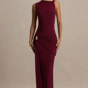 Decadence | Vestido Largo Burdeos de Cuello Alto con Manga Retorcida y Detalle de Lazo
