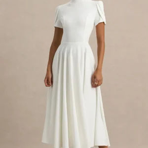 Vicky | Vestido midi blanco con mangas abullonadas y falda con volumen