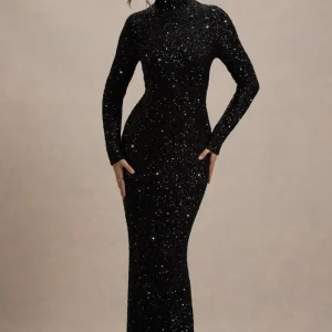 Galaxy | Vestido largo Negro de Lentejuelas con Cuello Alto y Manga Larga