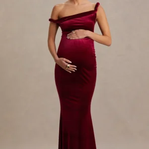 Tallulah | Vestido Largo de Terciopelo Burdeos con Escote Asimétrico y Manga Retorcida