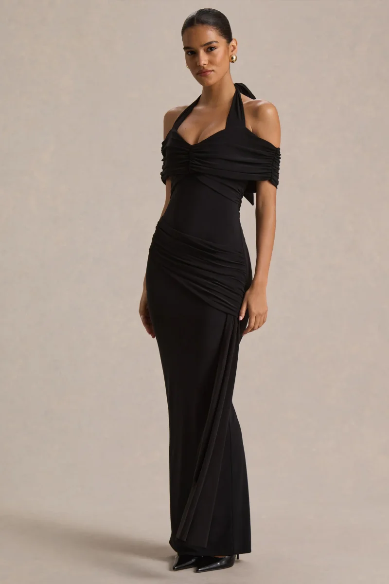 Camille | Vestido largo negro con escote bardot - Imagen 5