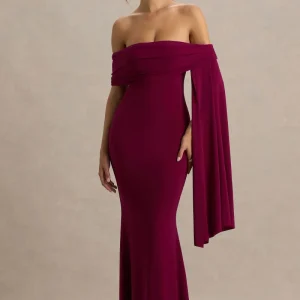 Saffina | Vestido Largo Burdeos con Escote Bardot y Detalle de Fajín