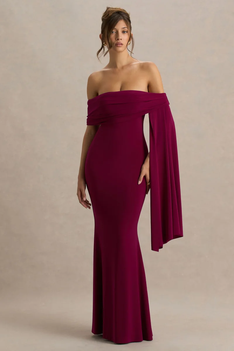 Saffina | Vestido Largo Burdeos con Escote Bardot y Detalle de Fajín