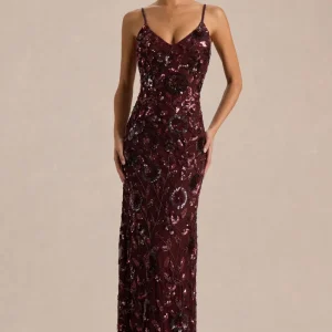 Gemini | Vestido Largo burdeos con estampado floral embellecido y tirantes