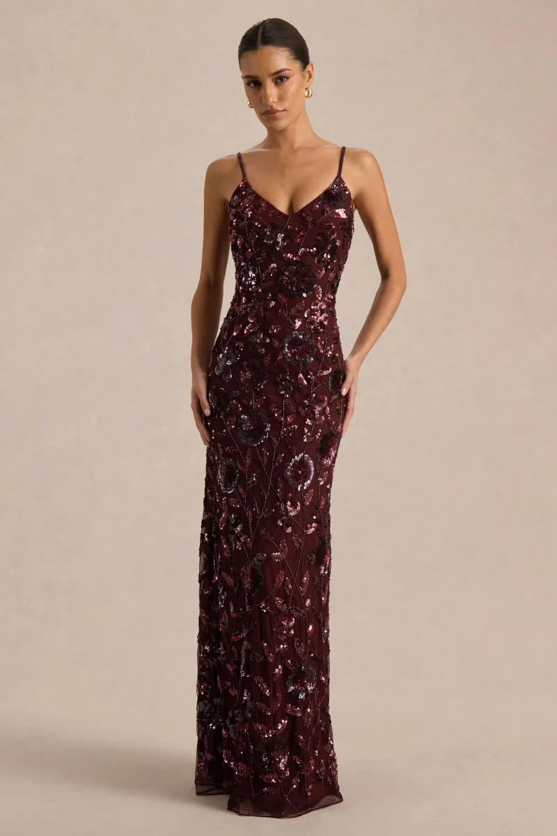 Gemini | Vestido Largo burdeos con estampado floral embellecido y tirantes