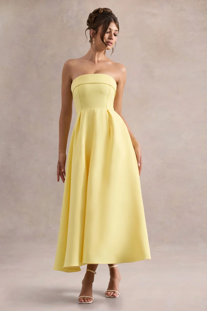 Annalise | Vestido midi en amarillo limón con escote bandeau y falda plisada - Imagen 6