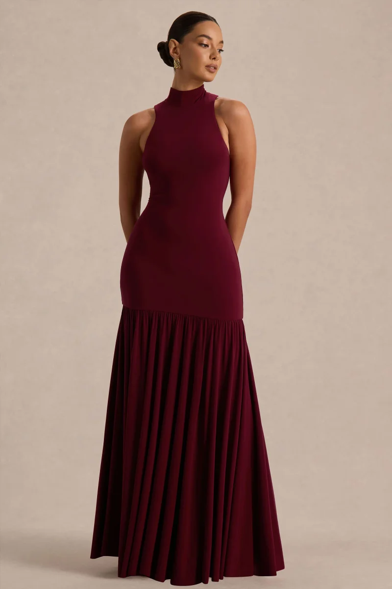 Tasmin | Vestido Largo color Burdeos con Cuello Alto y Cintura Caída - Imagen 6