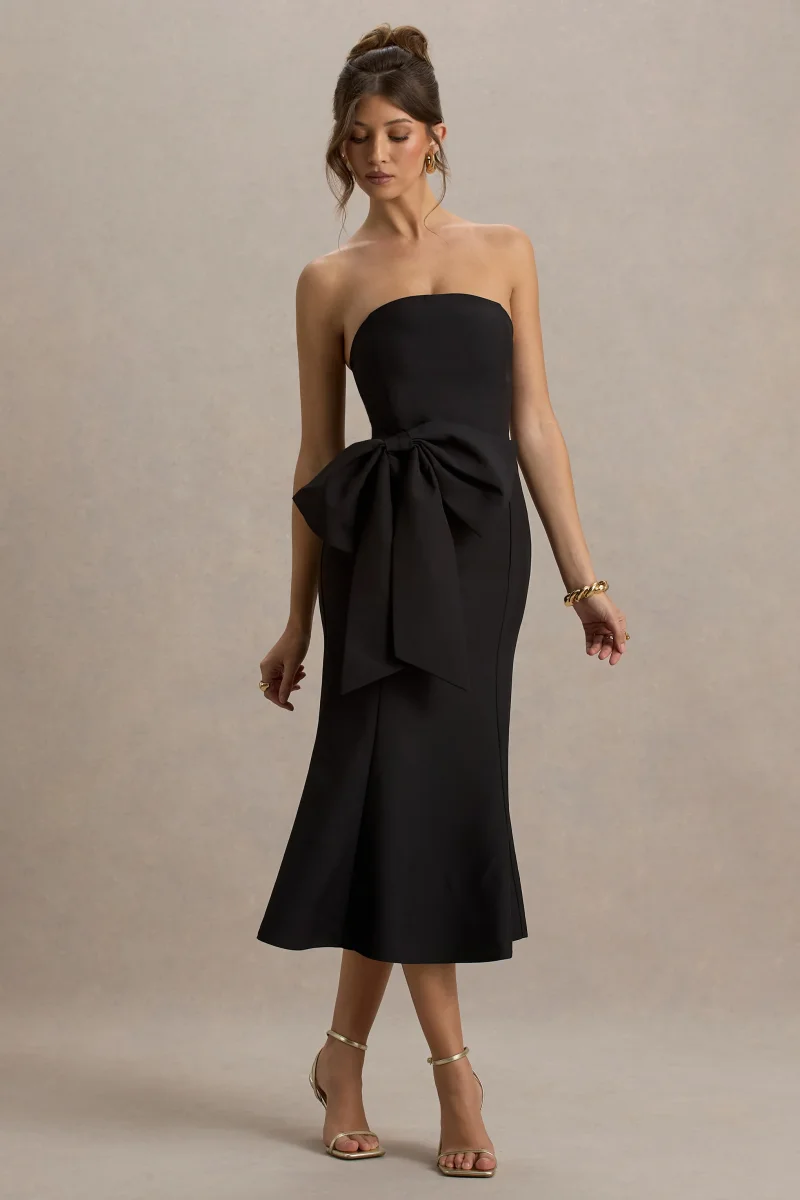 To Me | Vestido Midi Negro con escote Bandeau y lazo Oversized - Imagen 5