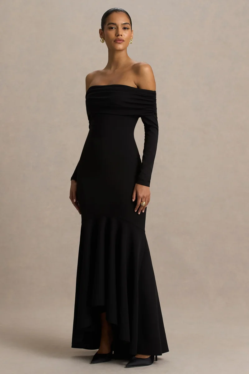 Everlasting | Vestido Largo Negro de Escote Bardot con Cintura Caída - Imagen 4